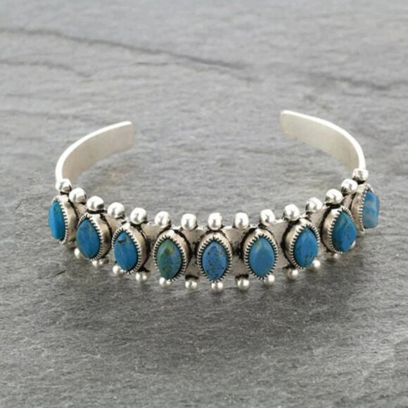 Turquoise Petite Point Cuff Bracelet Southwestern Western Silver Gift Boho NWT - Picture 2 of 3